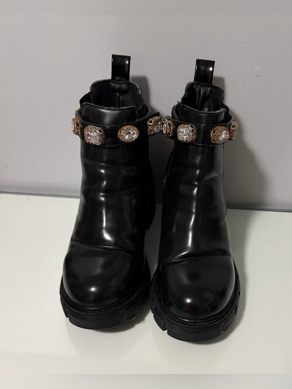 Steve Madden Black Leather Ankle Boots with Crystal Embellished Strap - Picture 4 of 7